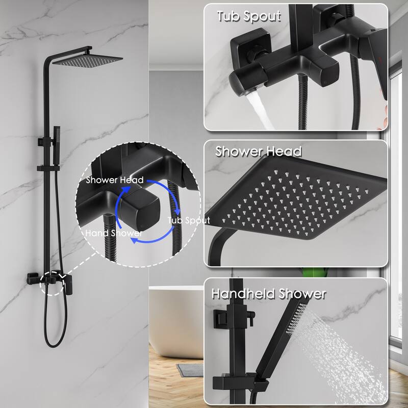 Modland Wall Mounted 3-Way Exposed Install Complete Rain Shower System with High Pressure Showerhead, Black/Gold
