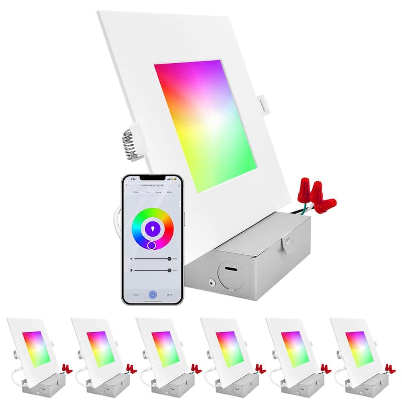 Luxrite 6 inch Square Smart LED Recessed Lighting, RGBW Color Changing, WiFi and Voice Control, Alexa and Google 6-Pack - RGB and Tunable White