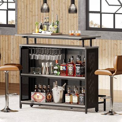 Home Bar Unit, 3 Tier Liquor Bar Table with Stemware Racks and Shelves