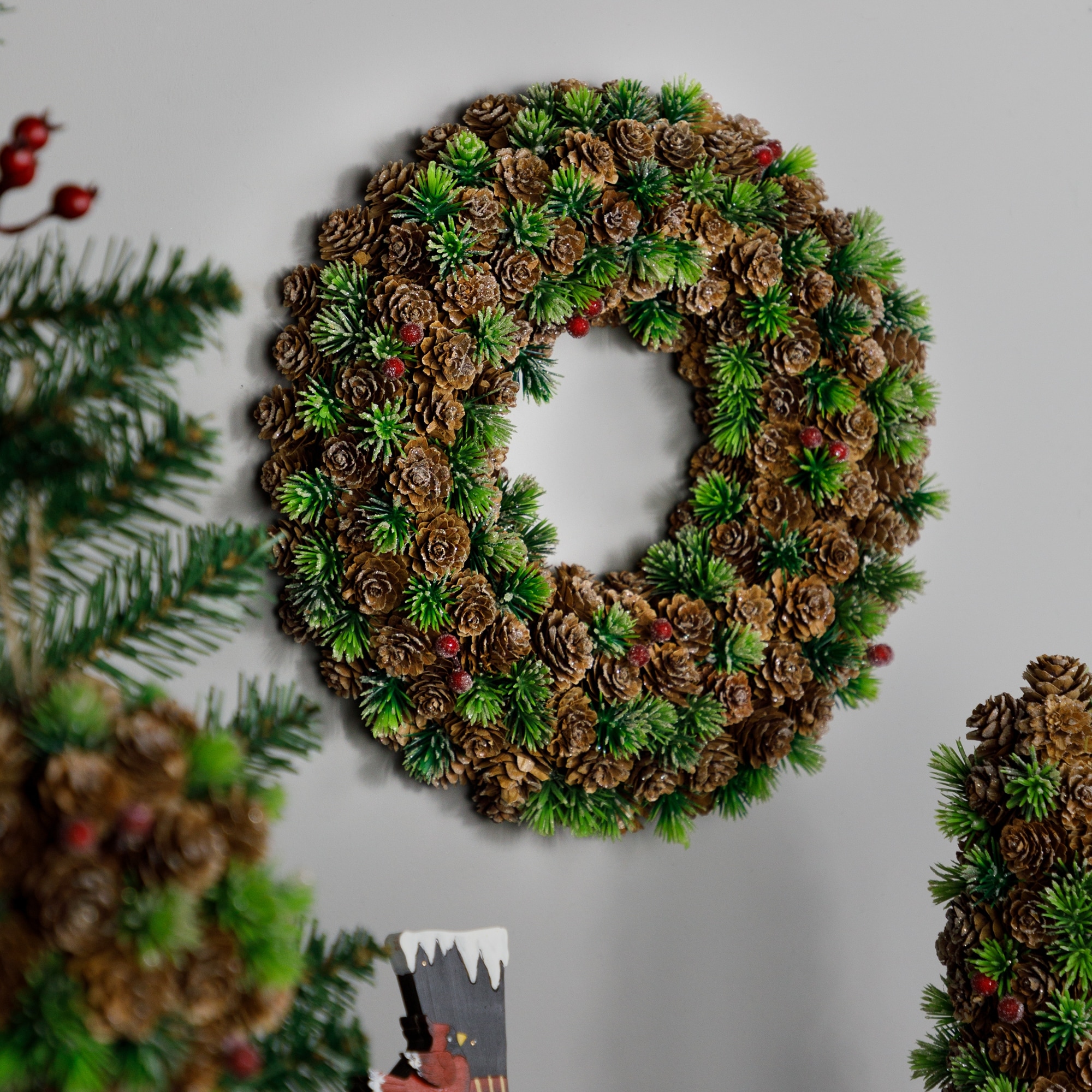 MIni Pinecone and Berries Small Frosted Christmas Wreath - 13" - Unlit