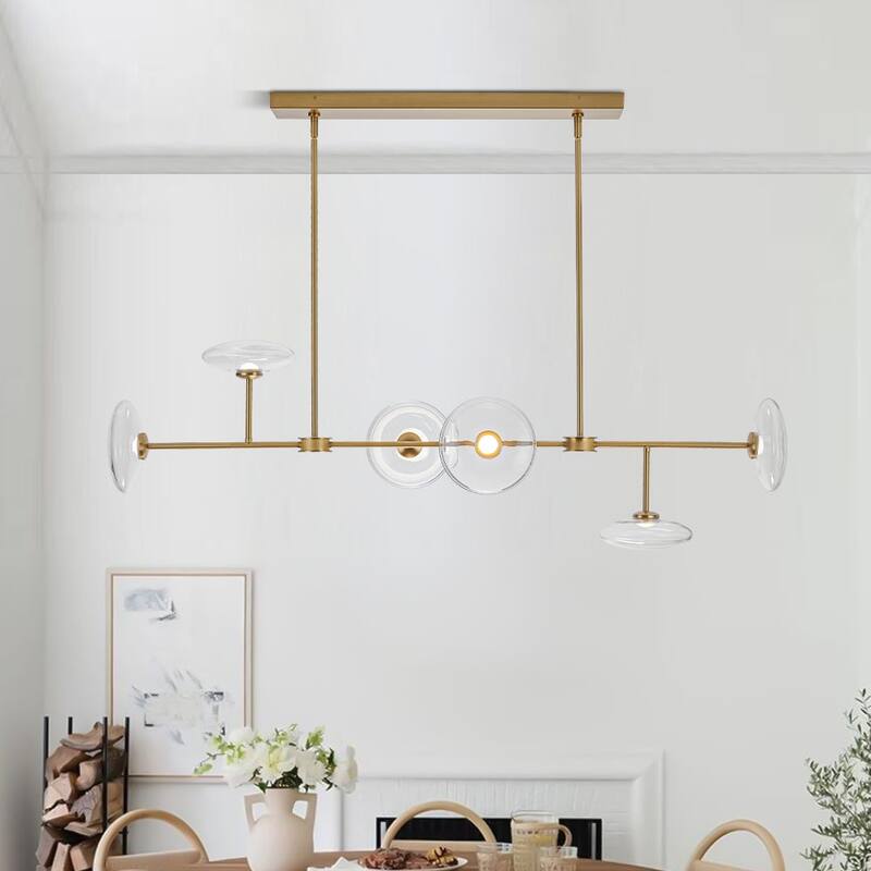 Minimalist 6-Light Dimmable LED Glass Island Pendant Chandelier - Brass