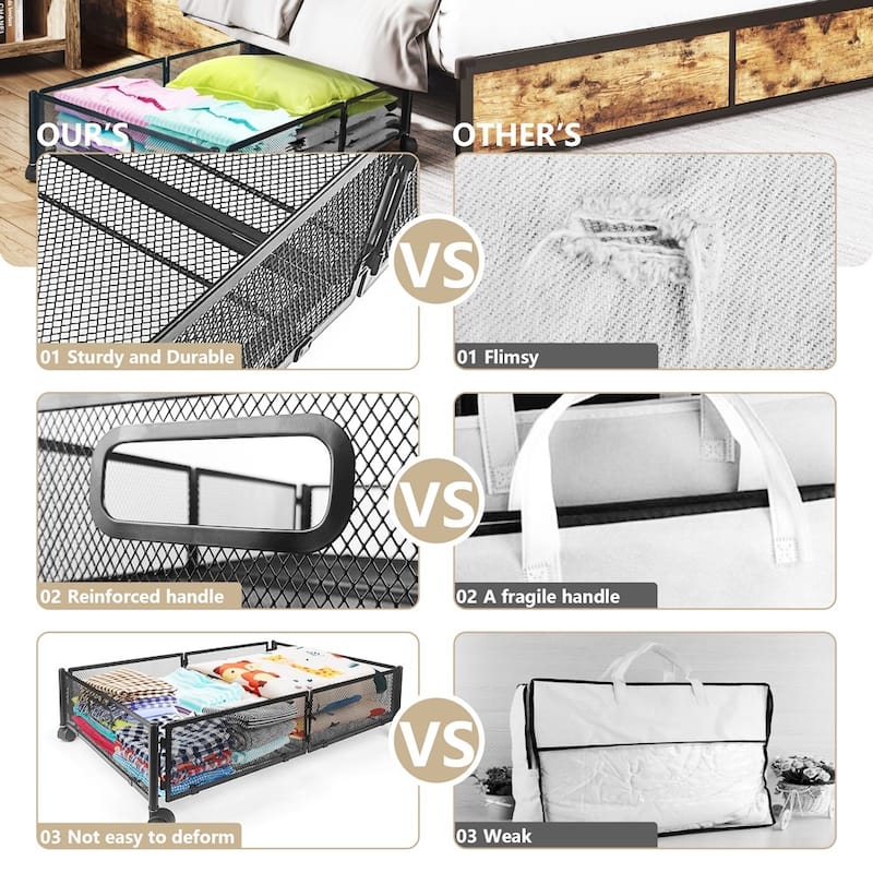 Innovaze Under Bed Storage Containers with Wheels, 2-Pack - Foldable Metal Rolling Organizers for Clothes, Bedding & Toys