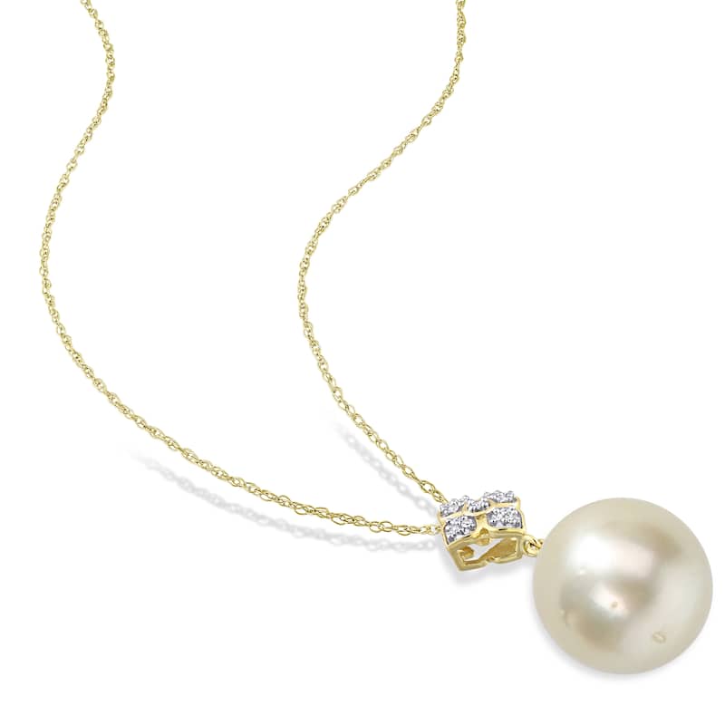 Miadora White South Sea Cultured Pearl and Diamond Accent Pendant in 10k Yellow Gold (13-13.5mm)