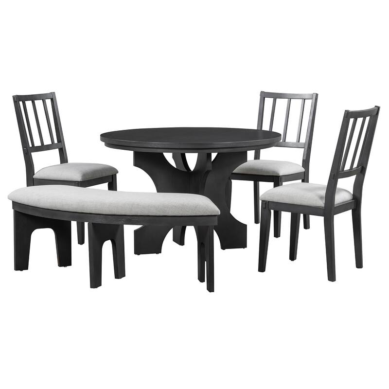 5-piece Round Dining Table Set with 3 Upholstered Chairs, Kitchen Table Set with Curved Bench for Dining Room