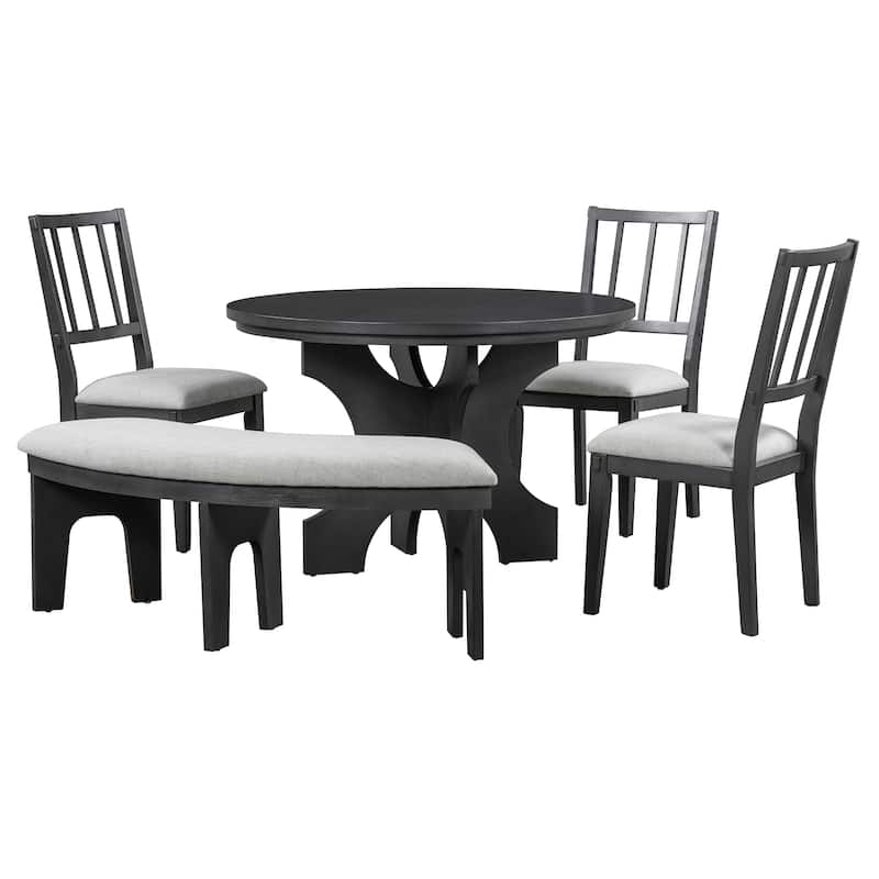 Rustic 5-piece Round Dining Set with Upholstered Chairs and Curved Bench for Cozy Family Gatherings