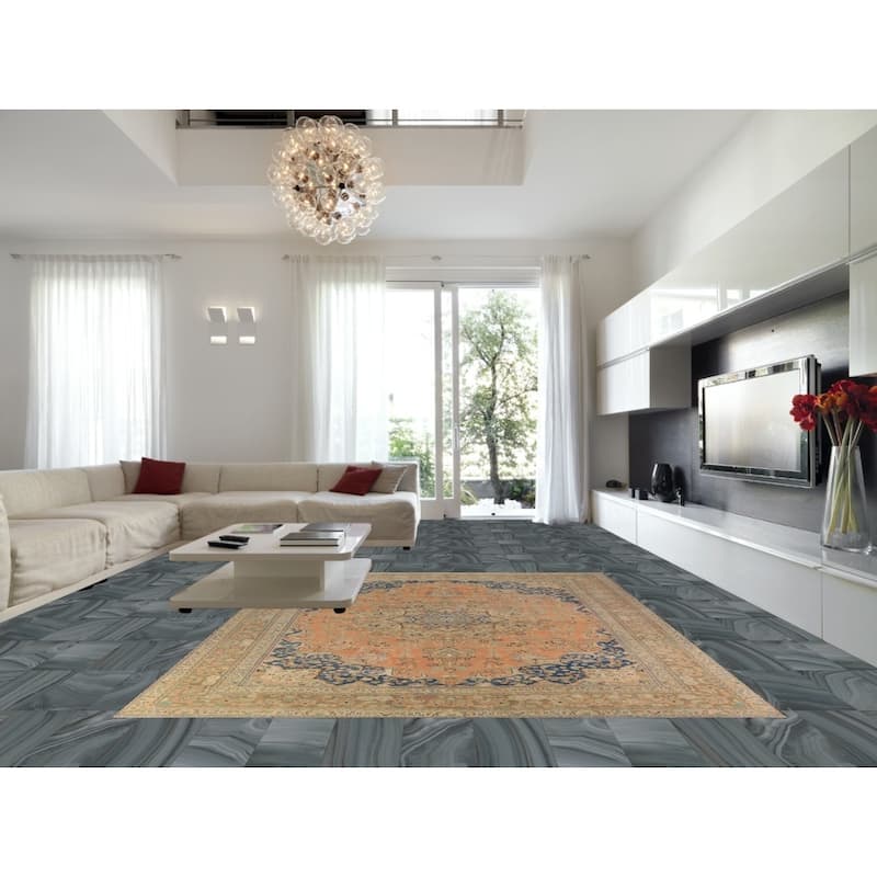 Floral Orange Mashad Persian Area Rug Hand-Knotted Wool Carpet - 9'7"x 12'7"