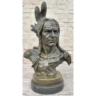 Hot Cast Bronze Bust Sculpture Statue Of Native American Indian Man W/ Braided Hair
