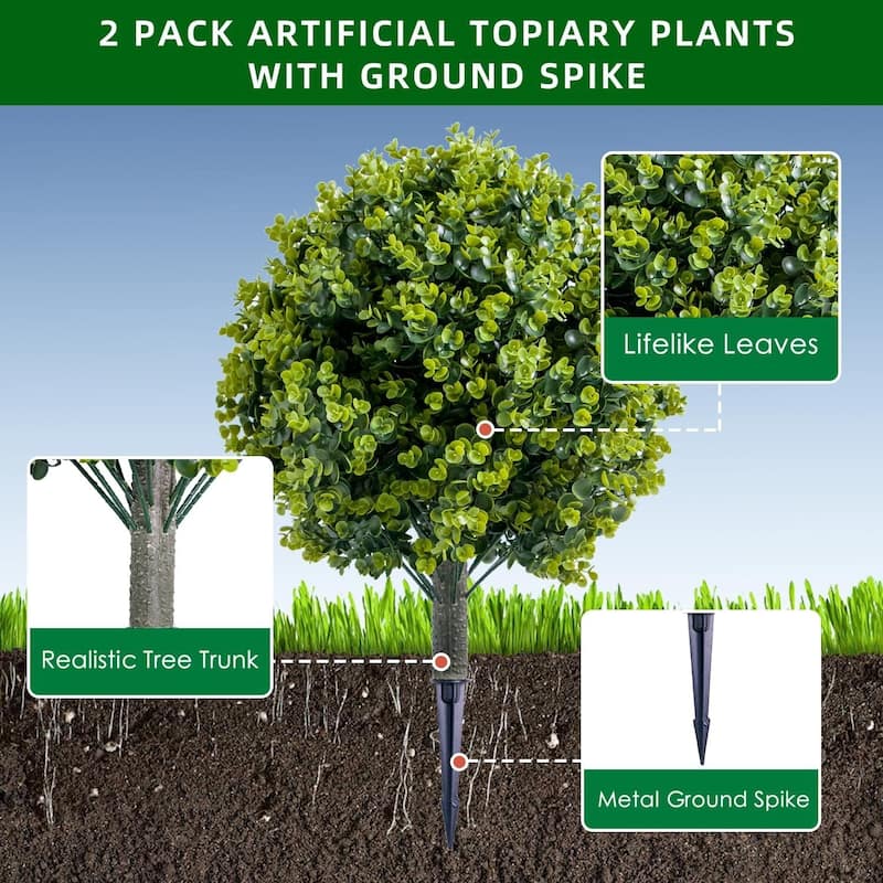 Set of 2/4 Artificial Eucalyptus Topiary Ball Trees with Metal Stakes