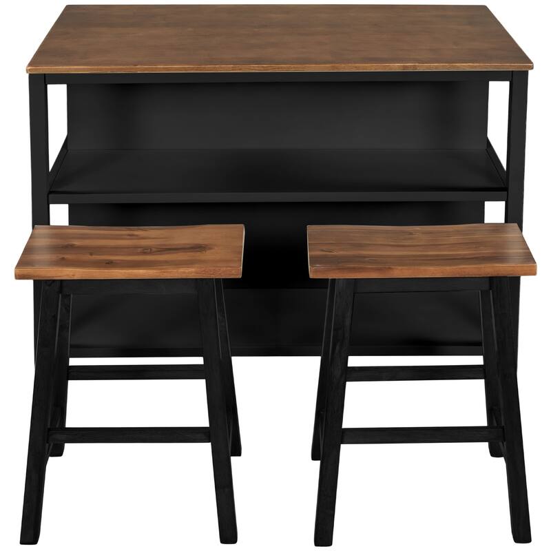 3-Piece Farmhouse Style Kitchen Island Set with Spacious Tabletop, Storage Shelves, and Two Comfortable Stools