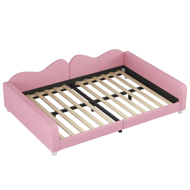 Cloud Shape Backrest Daybed, Sherpa Fabric Sofabed with 2 Armrests, Wood Platform Bed Frame, Floor Bed, No Box-spring Needed