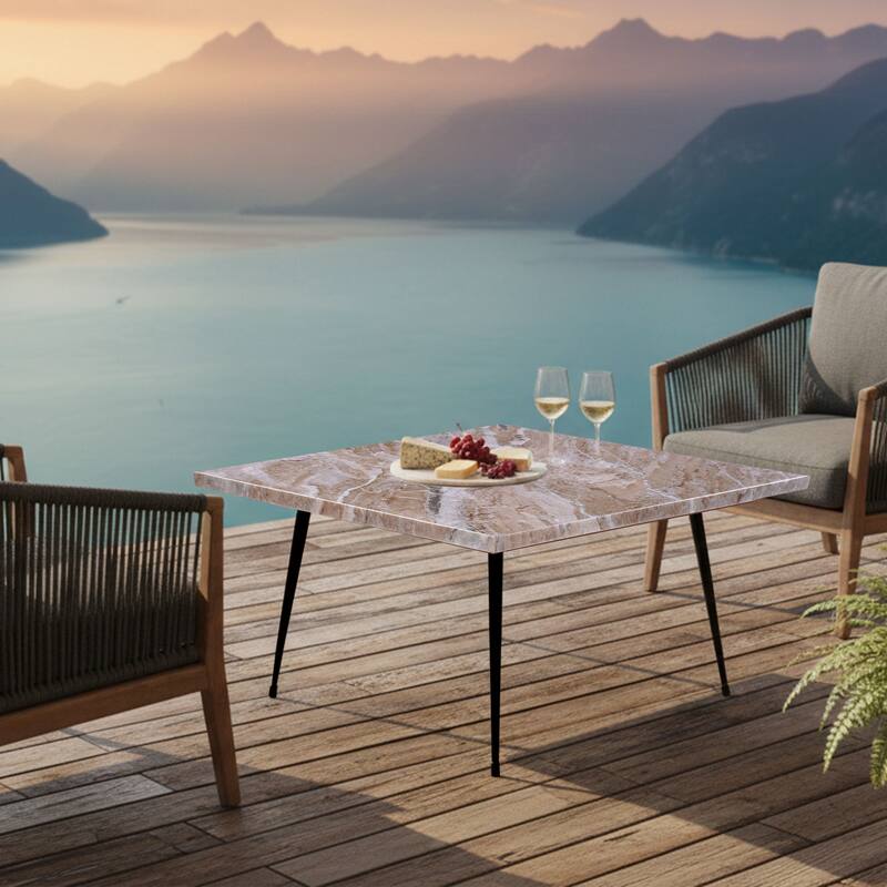 Taro Cocktail Table, 24 Inch Square Taupe Brown Marble Top, Indoor & Outdoor Patio Table, Black Metal Legs