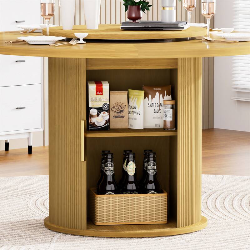 55" Round Wooden Dining Table with Rotating Tray