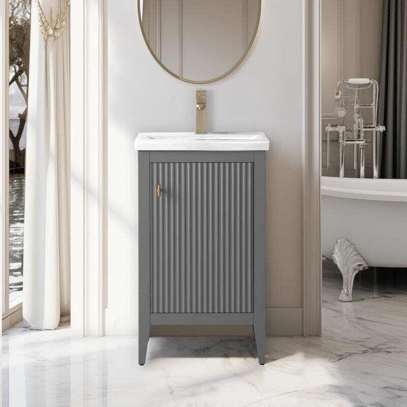 Vanity Art 20" Single Sink Bathroom Vanity Cabinet with Ceramic Top - 20"/Golden Brushed Handle - Linear Cashmere Gray