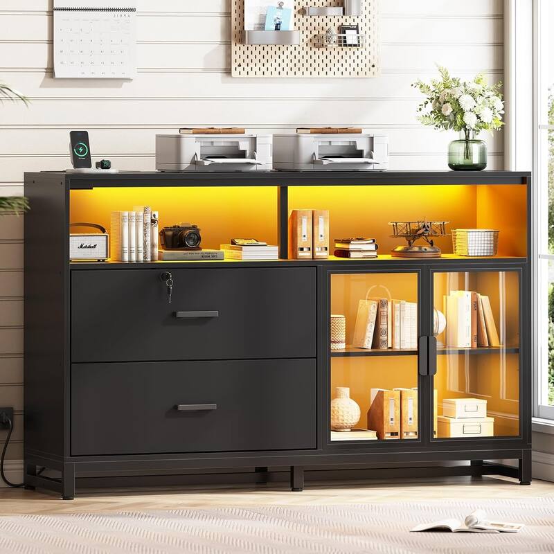 59" LED File Cabinet 2 Drawers Filing Cabinets Legal/Letter/A4 File - Black