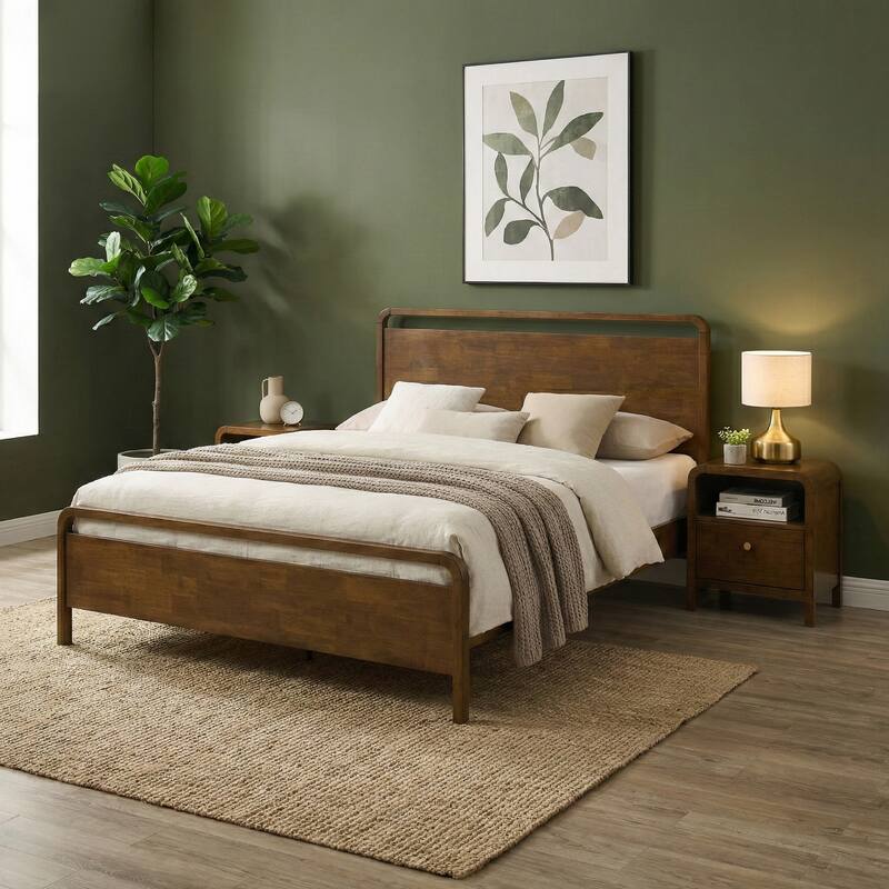 Roundhill Furniture Eldren Wood Bedroom Set, Platform Bed with Two Nightstands in Walnut Finish