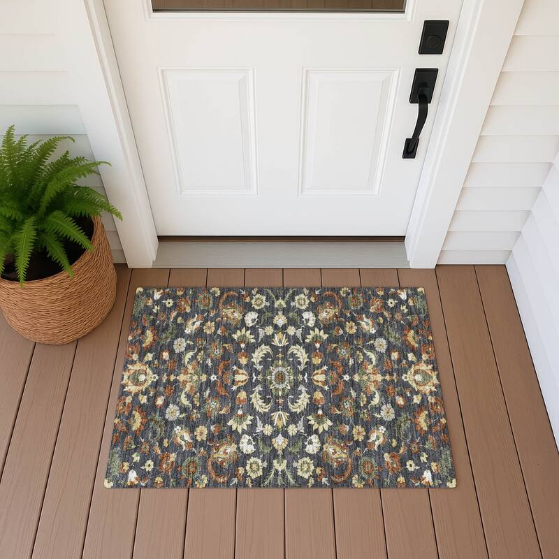 Machine Washable Indoor/ Outdoor Traditional Lanelle Chantille Rug - Charcoal - 1'8" x 2'6"