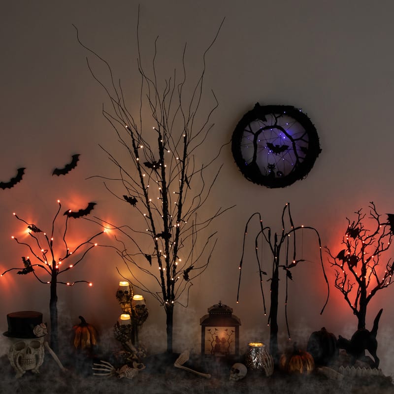 50" LED Black Halloween Branch Tree With Bats, Warm White Lights