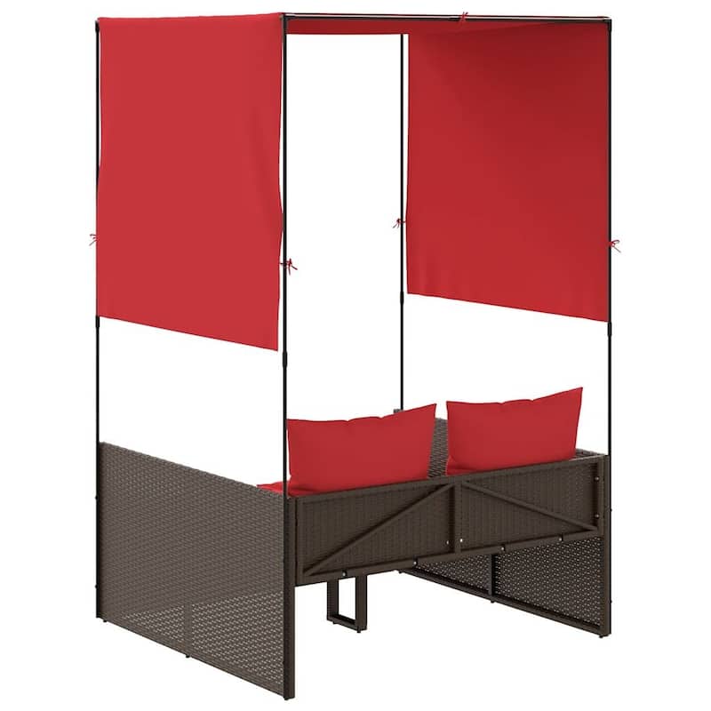 vidaXL Double Sun Lounger with Roof and Curtains Poly Rattan Brown/Gray/Black - 17.0 x 18.3 x 29.0