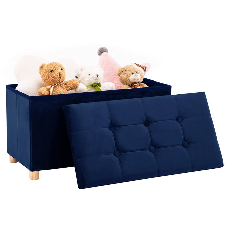 30 Inches Storage Ottoman Bench, Velvet Storage Bench, Folding Storage Chest, Footrest Couch with Wooden Legs, Support 350lbs - Blue