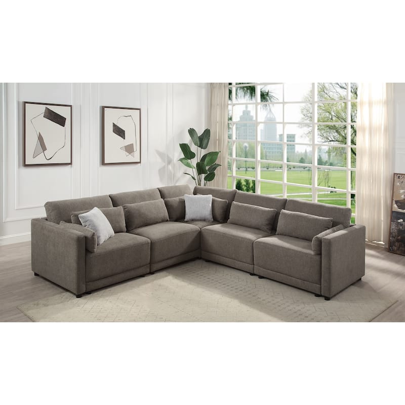 5Pcs Brown Linen Modular Sofa with Pillows, 39x111x34 inches, 281 lbs