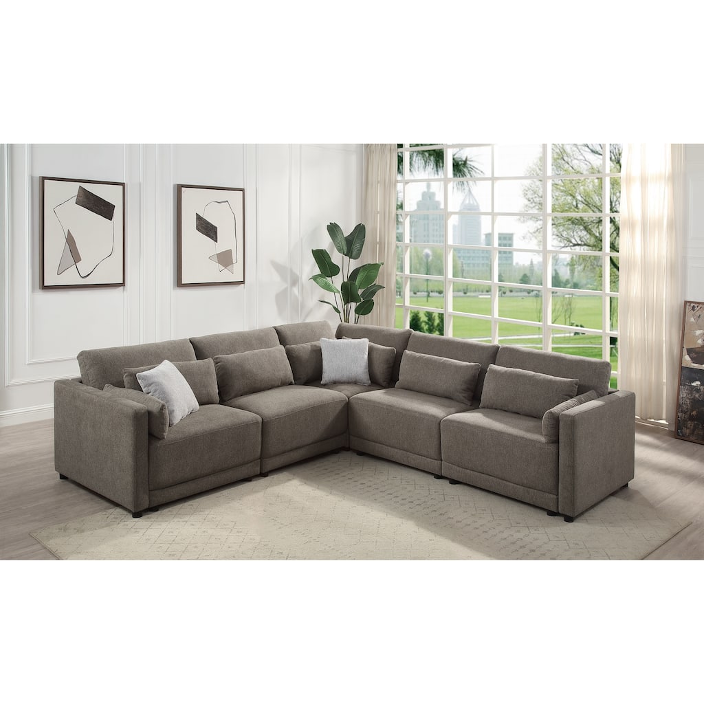 5Pcs Brown Linen Modular Sofa with Pillows, 39x111x34 inches, 281 lbs