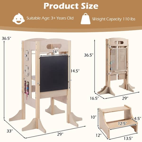 Gymax Foldable Toddler Step Stool Wooden Kitchen Standing Tower w/ - Natural
