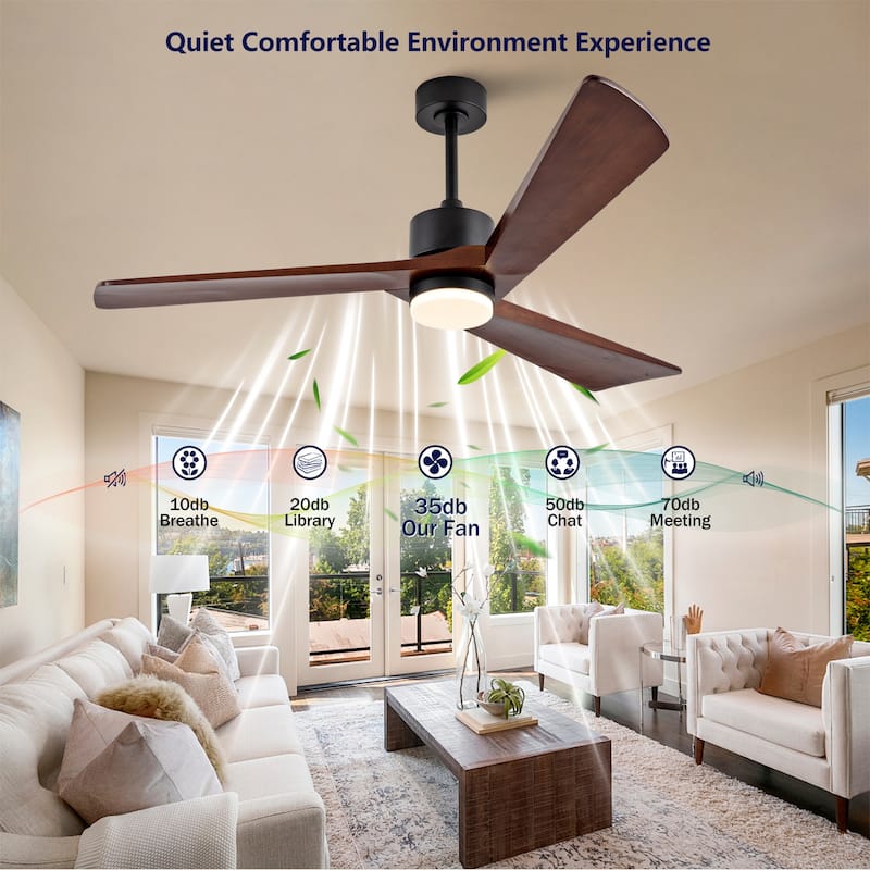 60 Inch Ceiling Fan with Light and Remote, 3 Walnut Solid Wood Blades, Quiet DC Motor, 6-Speed 5000 CFM - Black + Dark Walnut