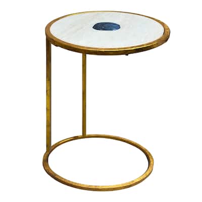 13 in. Gold and Blue Round Metal End Table, Sturdy Build End Side Table for Living Rooms