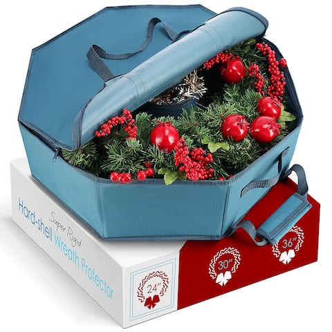 StorageBud Wreath Storage Container - Hard Shell Christmas Wreath Storage Bag with Interior Pockets, Dual Zipper and Handles