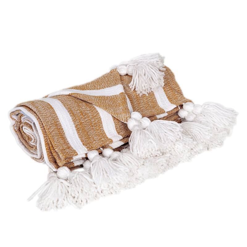 HomeRoots 50" X 60" Gold and Ivory Woven Cotton Striped Throw Blanket with Tassels