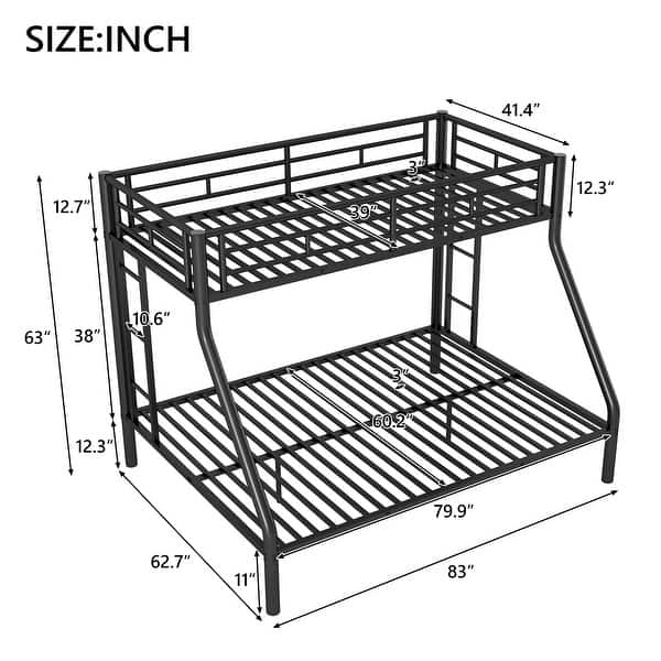 Twin XL over Queen Metal Bunk Bed with Ladder and Guardrails, Black