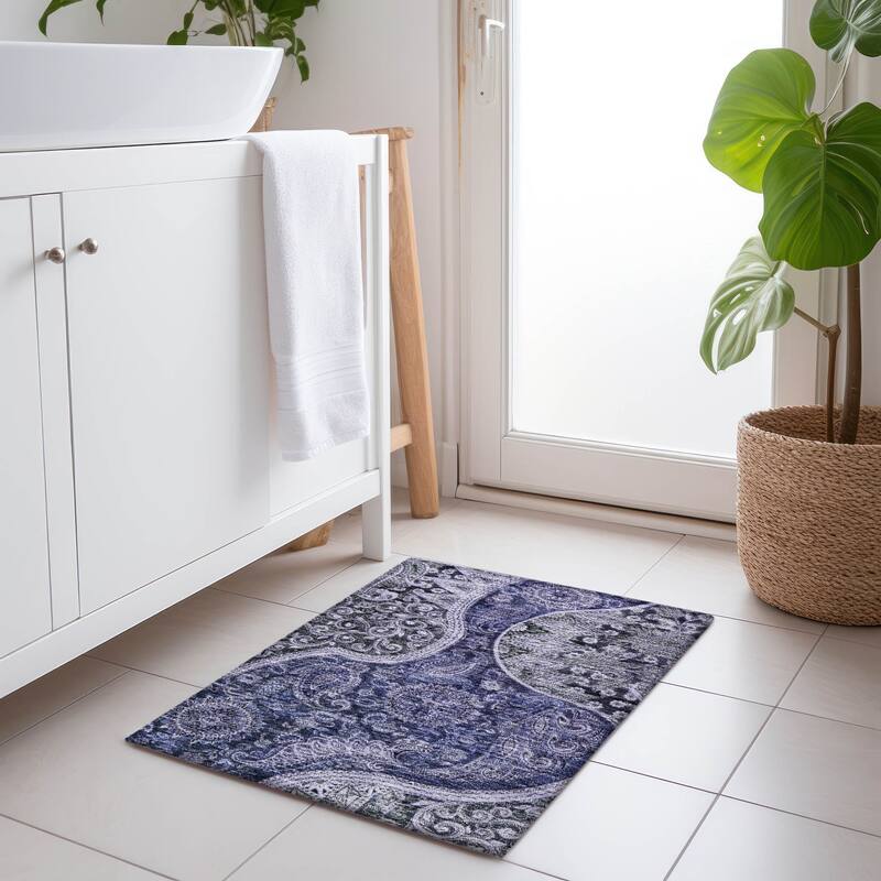 Machine Washable Indoor/ Outdoor Modern Paisley Chantille Rug - Navy - 1'8" x 2'6"