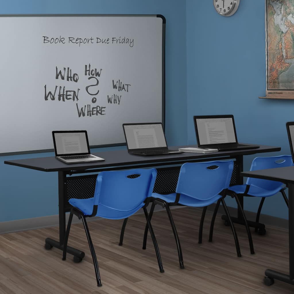 84" x 24" Flip Top Mobile Training Table with Modesty Panel- Grey and 3 "M" Stack Chairs- Blue