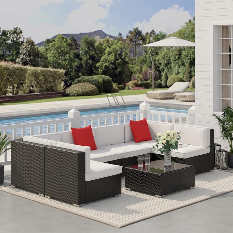 Outsunny 7-Piece Outdoor Wicker Patio Furniture Set - Glass Tabletop - Off-White