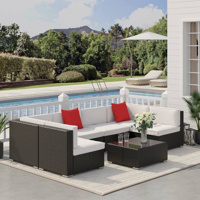 Outsunny 7-Piece Outdoor Patio Furniture Set with Modern Rattan Wicker, Perfect for Garden, Deck, and Backyard - Glass Tabletop - White