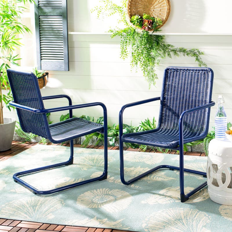 SAFAVIEH Outdoor Emmalee Chair (Set of 2) - 22" W x 25.6" D x 35" H - 20W x 35D x 26H - Navy