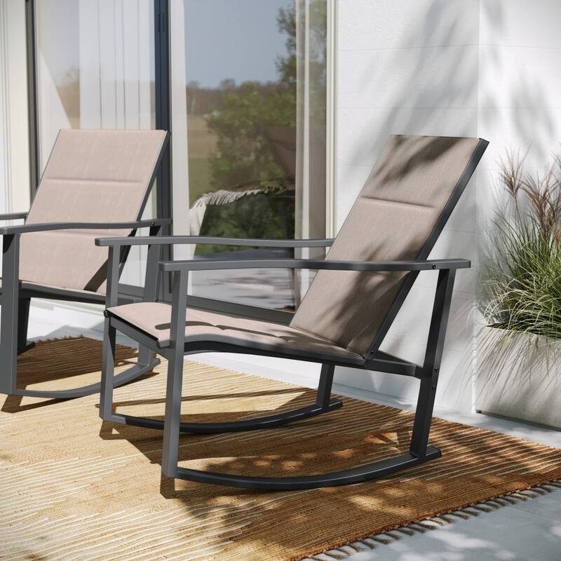Set of 2 All Weather Flex Comfort Rocking Chairs with Metal Frames-Black/Black