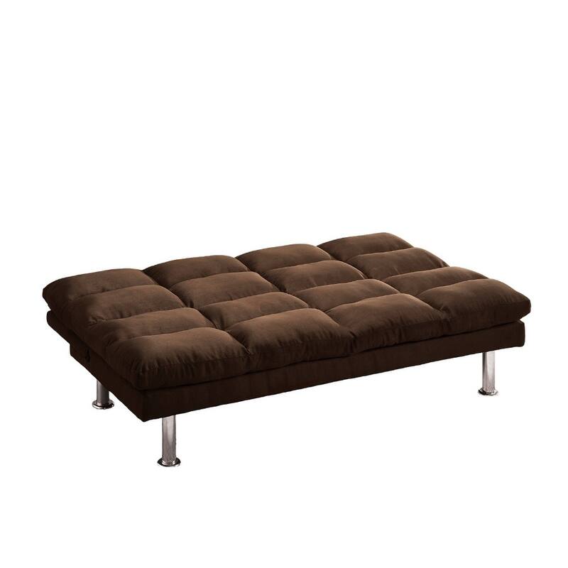 Contemporary Style Futon Sofa Bed Microfabric Converted Into Bed Wit Extra Leg Support Chrome Base Legs Dark Brown Finish