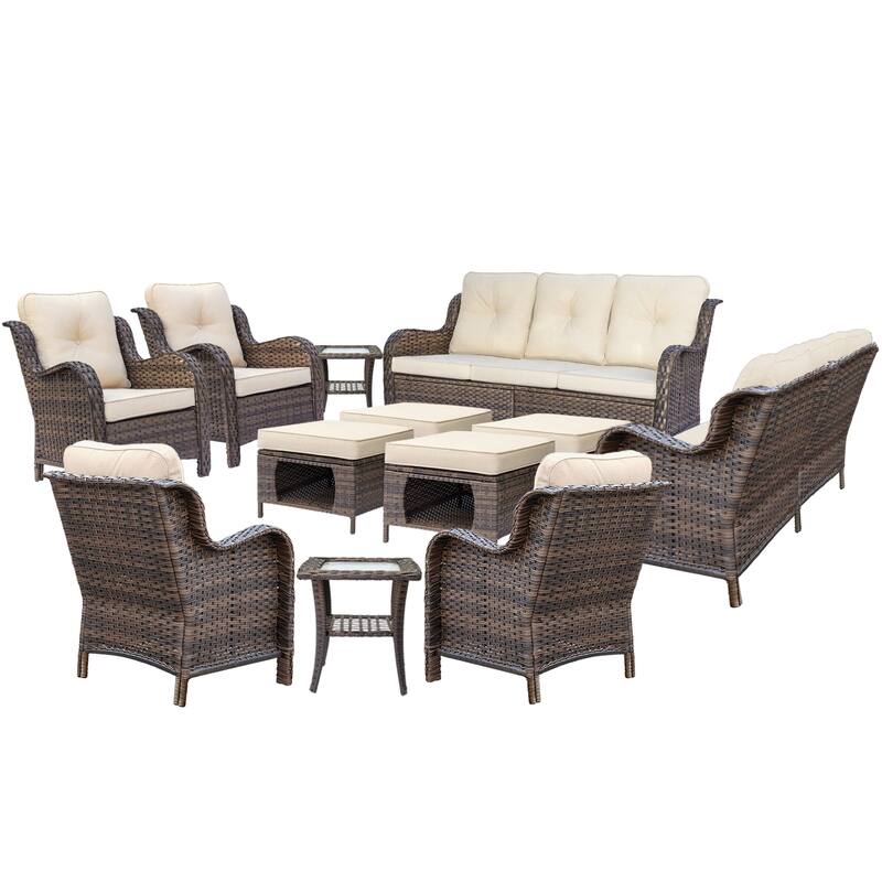 Brown Wicker Outdoor Patio Conversation Seating Sets with Beige Cushions