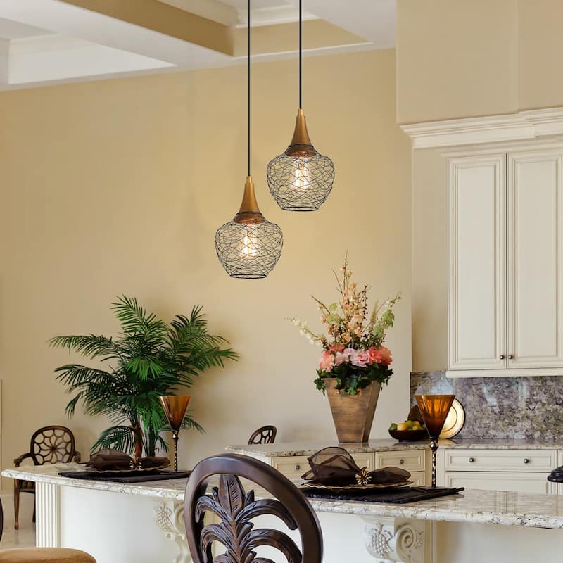 Mid-century Modern 1-Light Black Metal Cage Kitchen Island Pendant Adjustable Wire Light - 7"W x 7"D x 13"-72"H