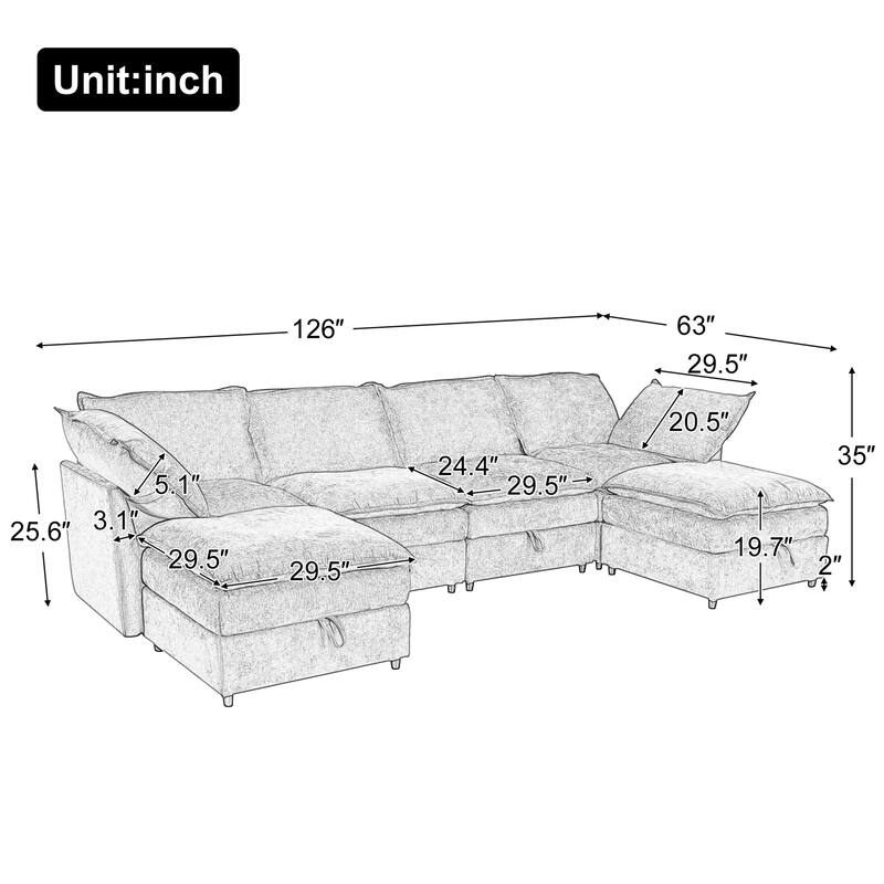 126" 6-Piece Modular Sofa Bed with Storage and Double-Layer Cushions