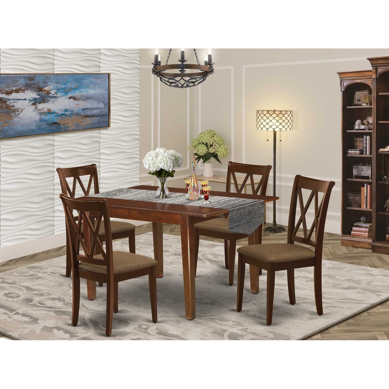 HomeStock 5-Pc Mahogany Finish Solid Wood Top-Rectangular Dining Room Set with Butterfly Leaf-Seats 4