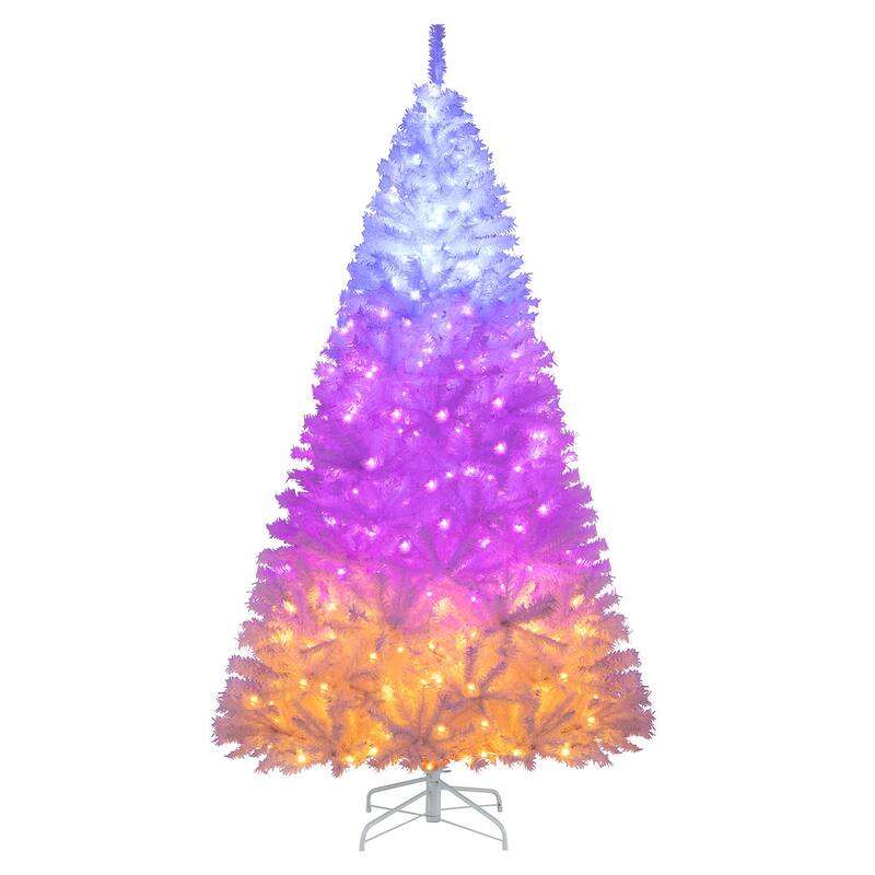 Gymax 7 FT Pre-Lit Artificial Christmas Tree Hinged White Xmas Tree w/ - 7.5 Foot