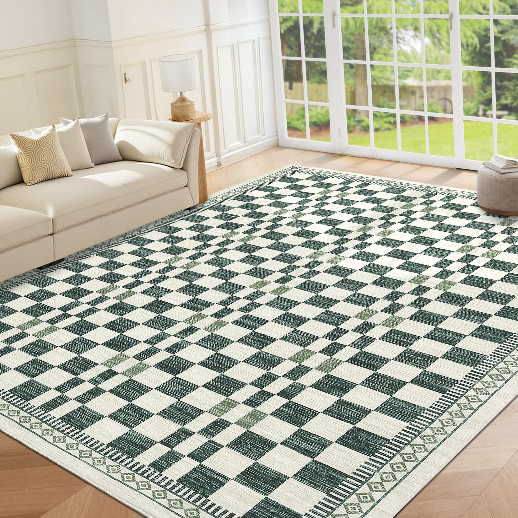 Garvee Modern Geometric Checkered Border Area Rug