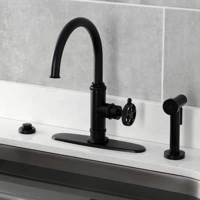 Kingston Brass Webb Single-Handle 1-Hole Deck Mount Kitchen Faucet with Knurled Handle and Brass Side Sprayer