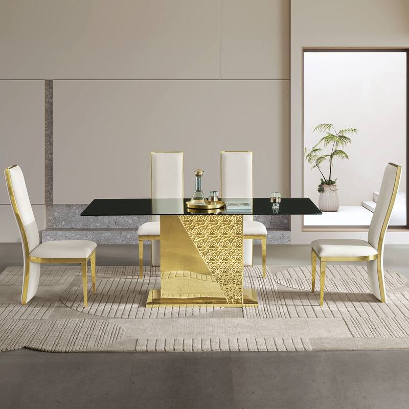 Gold stainless steel legs dining table 70.08 inch black tempered glass top - Gold