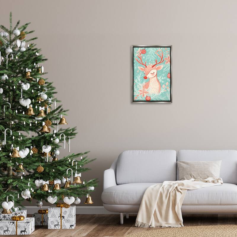 Stupell Pink & Blue Vintage Reindeer Framed Floater Canvas Wall Art Design By Arlington Prints