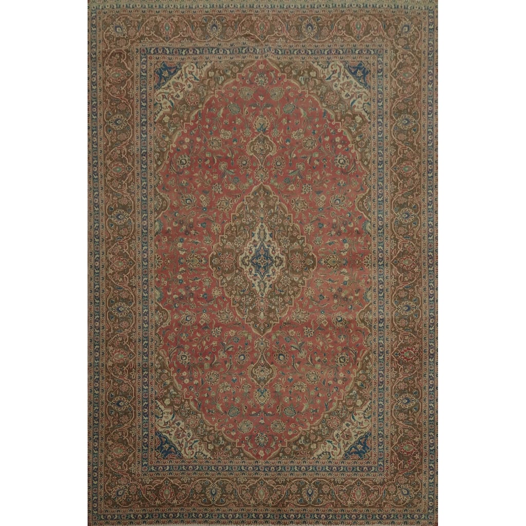 Hand Knotted Oriental 100% Wool Carpet Traditional Floral Pink Kashan Area Rug - 13' 1'' X 9' 9''