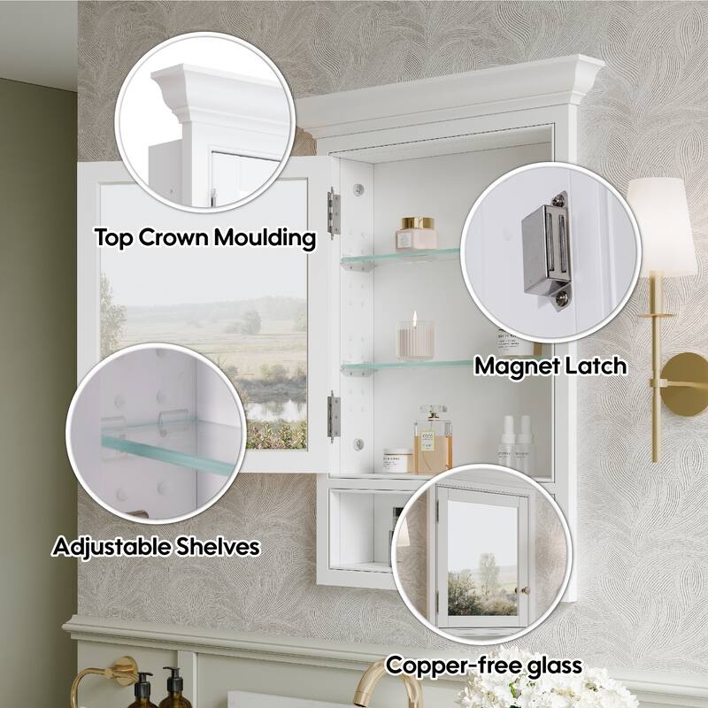 24"W x 32"H Recessed Wall-Mounted Solid Wood Medicine Cabinet with Adjustable Glass Shelves and Bottom Storage Shelf
