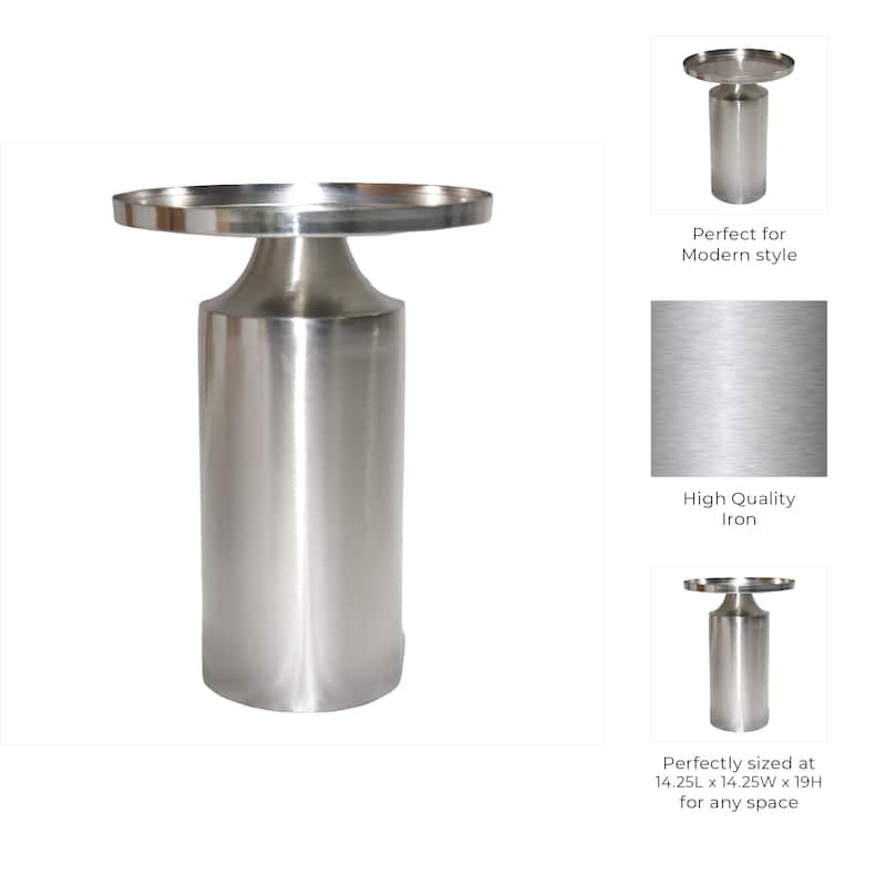 Iron Side Table Cylindrical Base Round Tray Top Narrow - 19" Silver - 14" x 14" x 19.25"